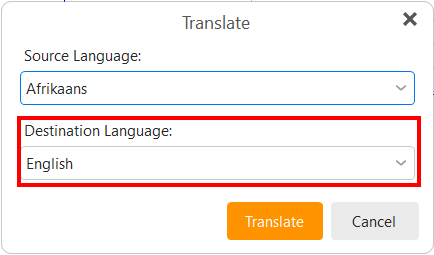 eM Client Translate destination language selection