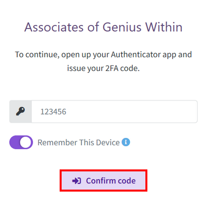 Genius Within confirm code button