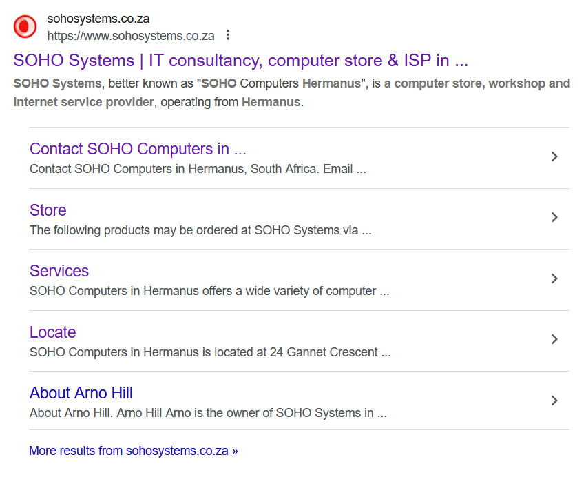 Rich Snippet Search Results for SOHO Systems on Google