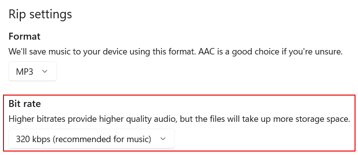 Rip Settings 320 kbps option