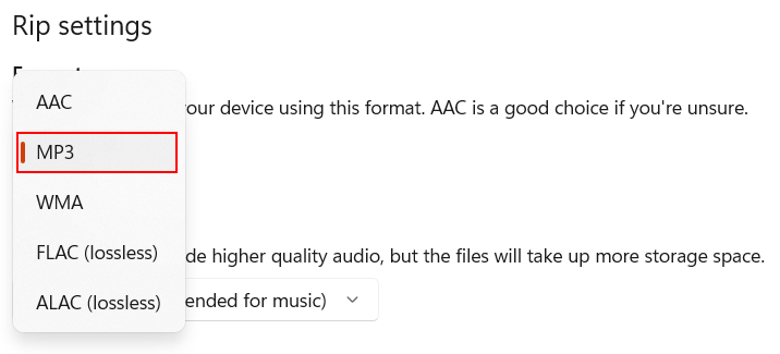 Rip Settings MP3 selected